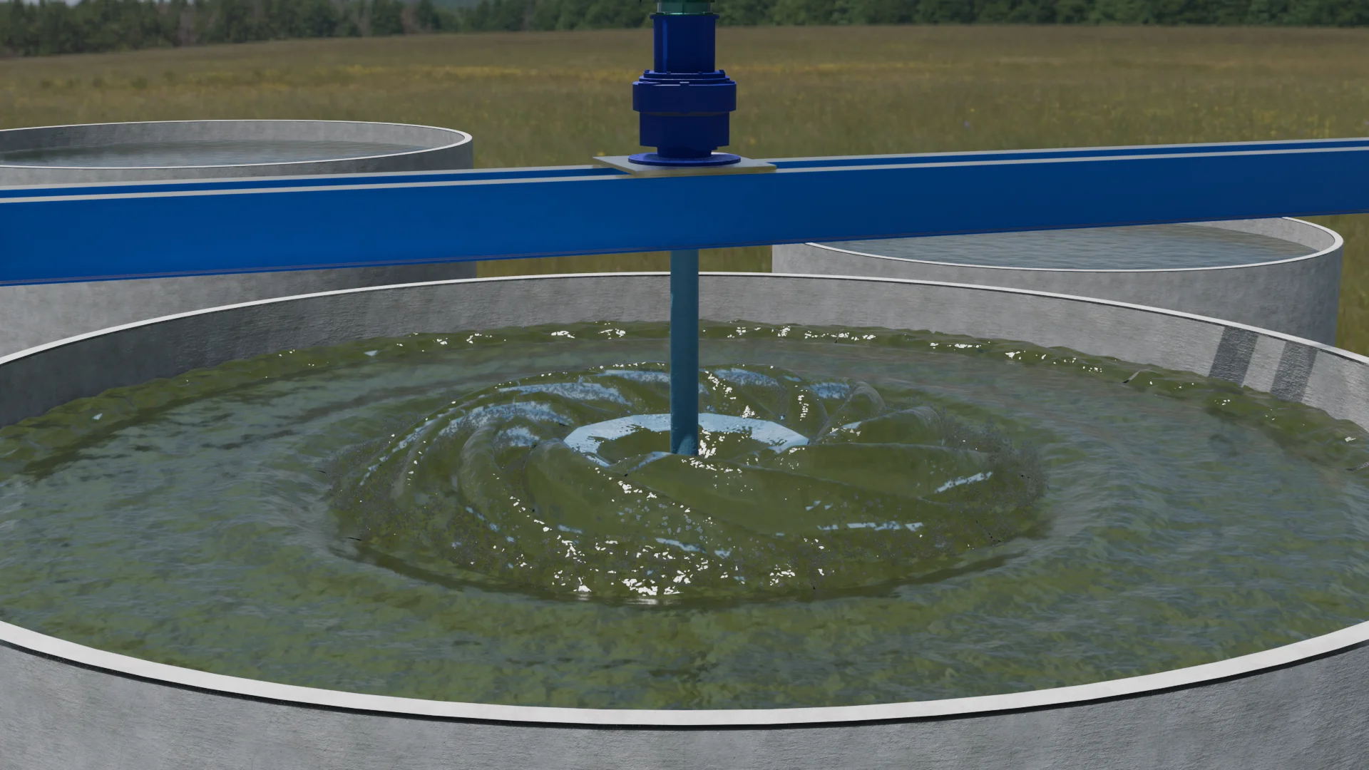 Render of low speed computational fluid dynamics (CFD) simulation in round basin